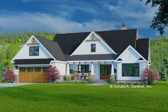 Exterior - Front Elevation for Farmhouse House Plan #929-1099 - 3 bed, 2 bath